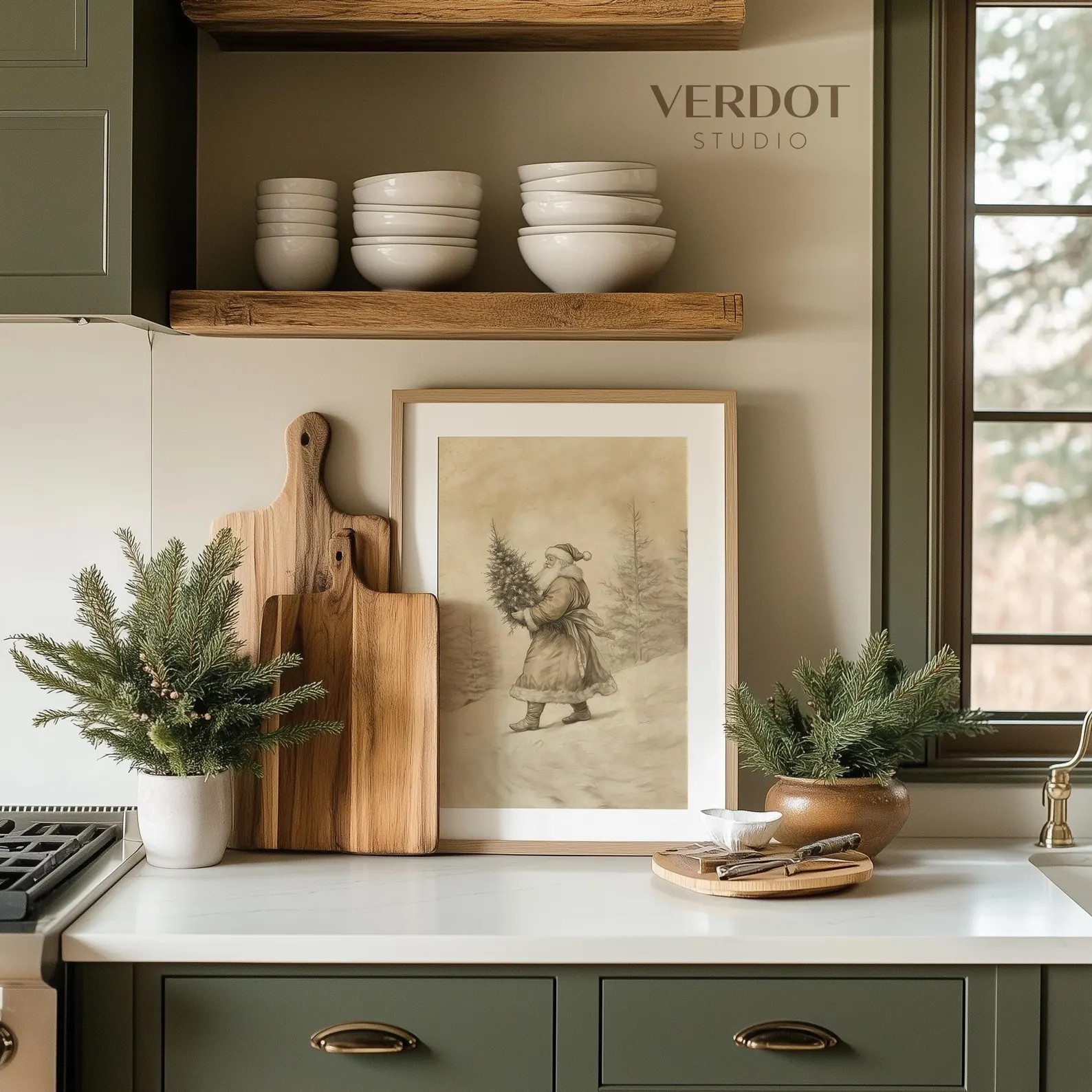 Vintage Christmas Santa Print, Christmas Decor, Printable Wall Art, Neutral Santa Holding Tree Dr... | Etsy (US)