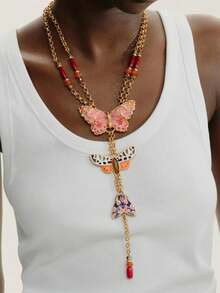 1pc Bohemian Exaggerated Alloy Drip Oil Colorful Insect Butterfly Pendant Y-Shaped Necklace For W... | SHEIN