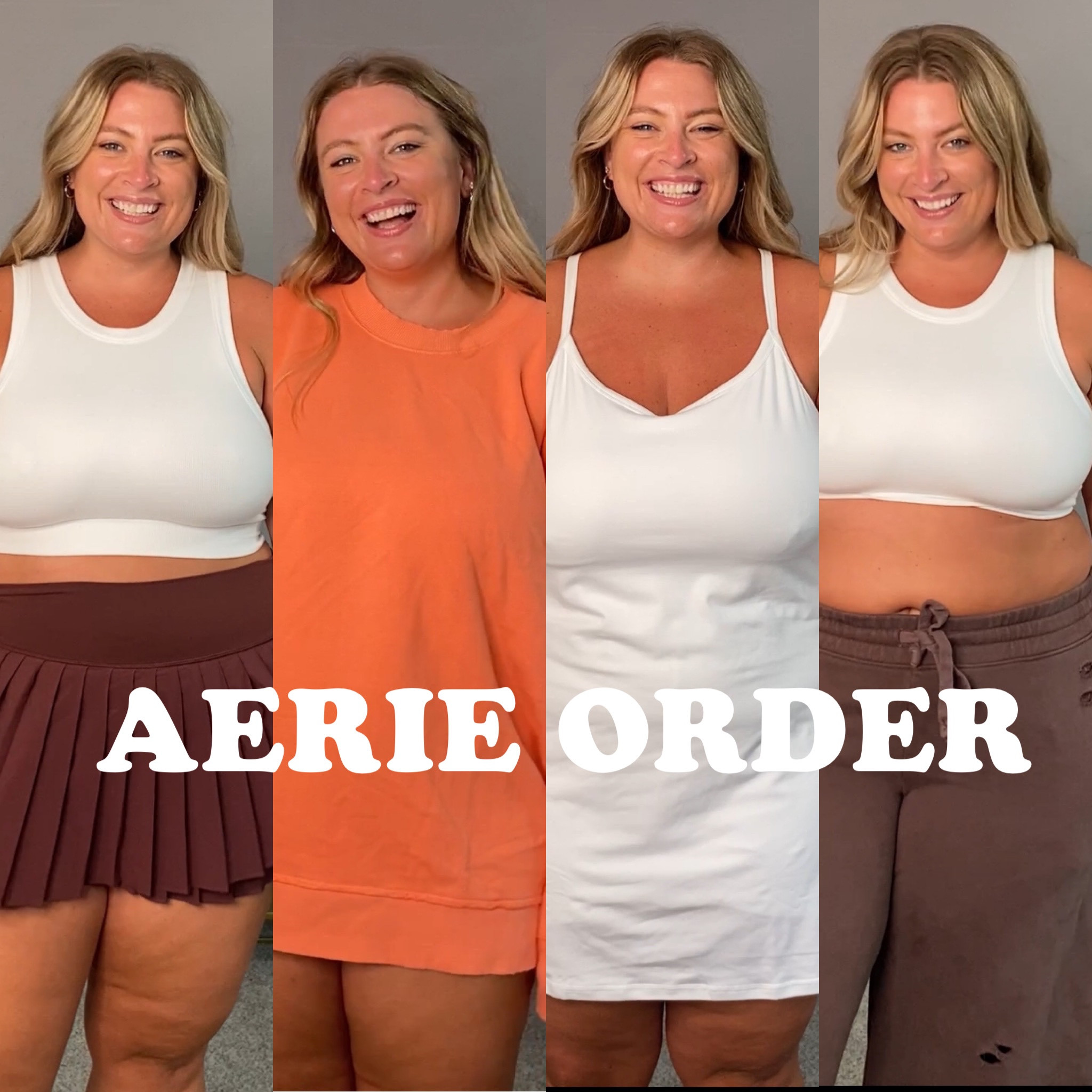 Sweatshirt runs big, I’m in large and it’s still oversized. Cropped bralette is XL— if you’re not as busty, it should be longer on you. Sweats are XL and the perfect amount of oversized but stay up on your waist. The tennis skirt is pretty short, heads up! I am in the XL and could have done a size up for length. Dress is XXL, I should have done true to size but I don’t hate that bigger vibe for a comfy fit! Love aerie comfy loungewear and athleisure!! 

#LTKcurves