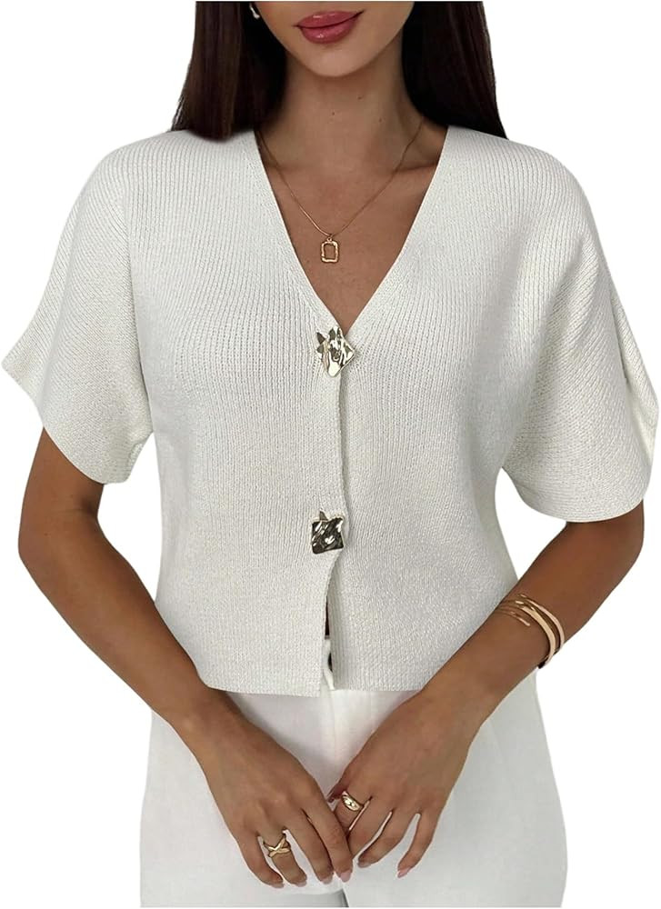 SOLY HUX Women's Short Sleeve Office Spring Winter Cardigan Sweater Button Down V Neck Slim Fit E... | Amazon (US)