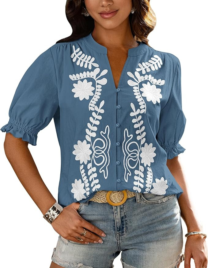 BTFBM Women's 2026 Spring Tops Casual Floral Boho V Neck Puff Short Sleeve Button Down Shirts Emb... | Amazon (US)