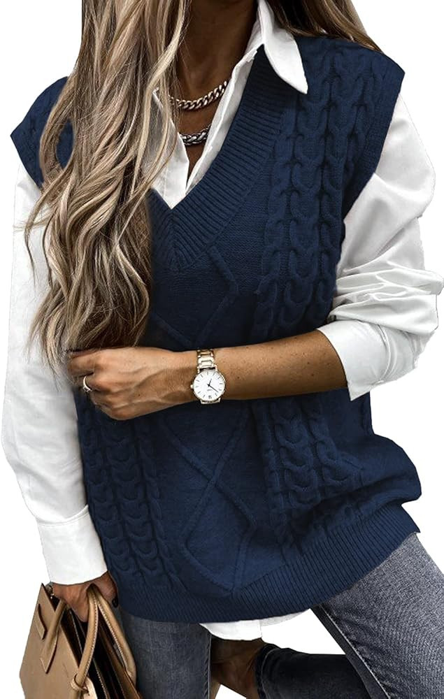 Sweezarmo Womens V Neck Cable Knit Sweater Vest Solid Color Oversized Sweater Casual Sleeveless P... | Amazon (US)