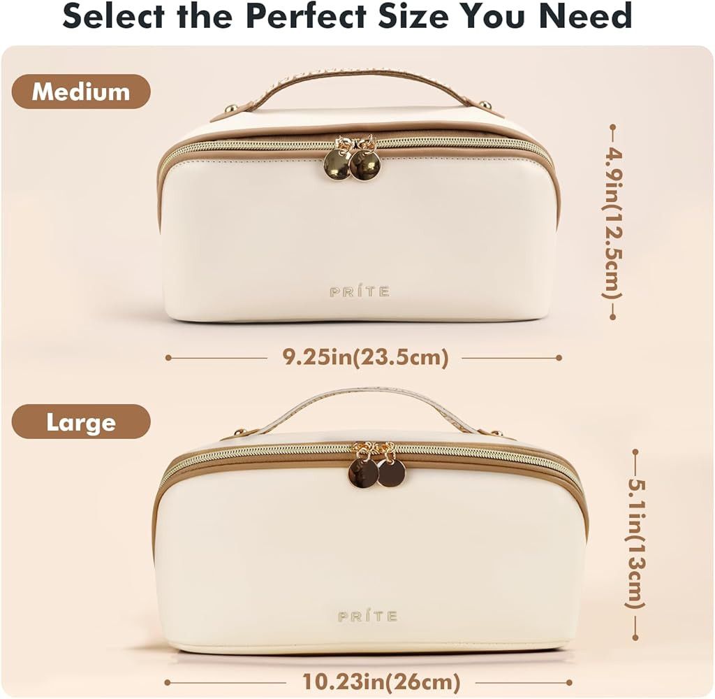 Prite Large Capacity Cosmetic Bag for Women Portable Waterproof PU Leather Makeup Bag Open Flat M... | Amazon (US)