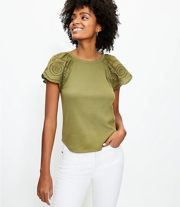 Eyelet Flutter Sleeve Top | LOFT