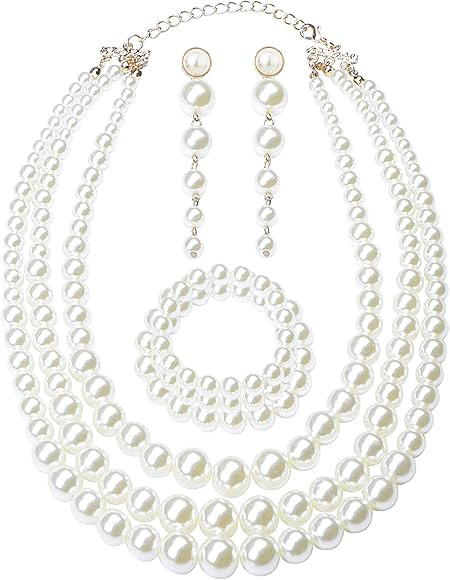 FINREZIO Women's Faux Three Multi-Strand Pearl Necklace Long Pearl Dangle Earrings and Bracelet J... | Amazon (CA)