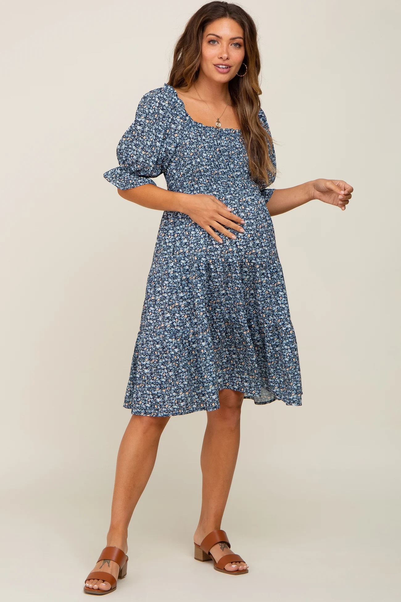 Black Floral Smocked Tiered Maternity Dress | PinkBlush Maternity