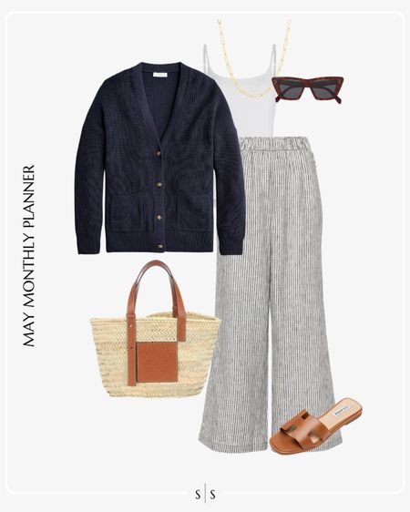 Monthly outfit planner: MAY: Spring looks | striped linen pant, straw tote bag, slide sandals, bodysuit, navy cardigan sweater 

See the entire calendar on thesarahstories.com ✨ 


#LTKStyleTip