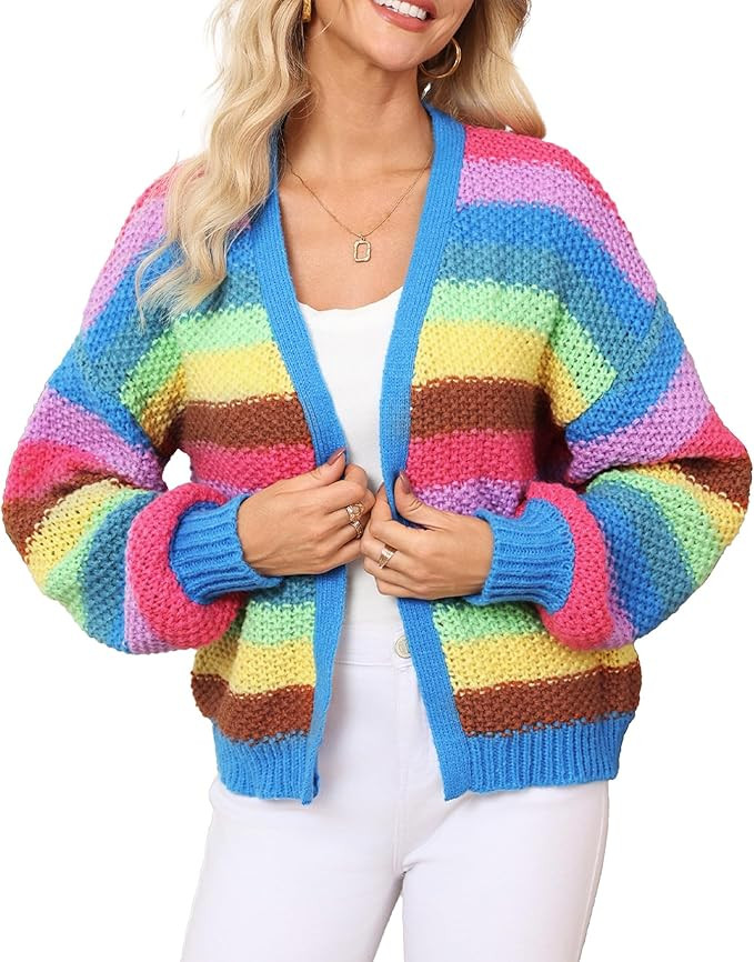Women's Rainbow Striped Cardigan Sweater Button Down Multicolor Knit Fall Sweatershirts Coat | Amazon (US)