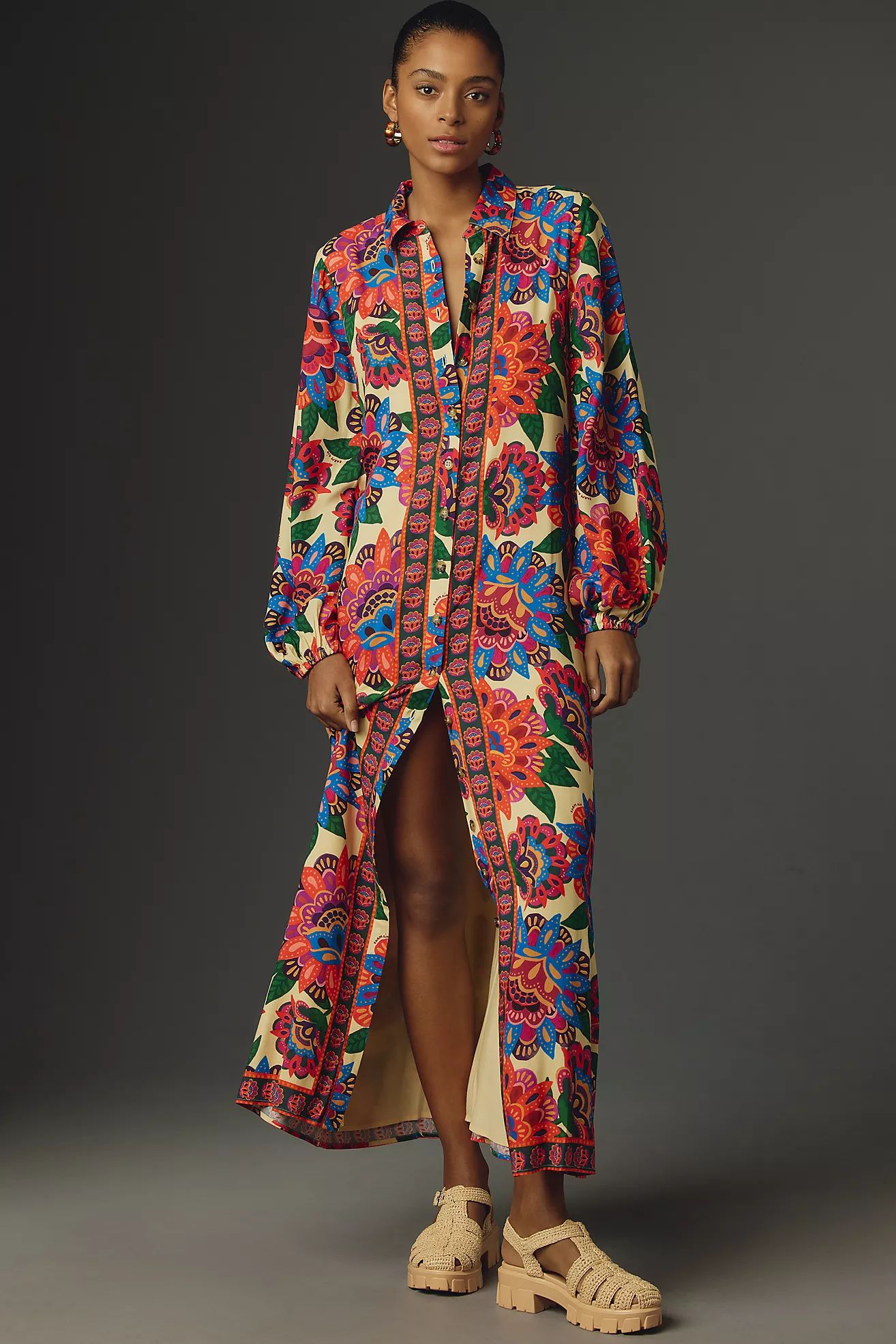 Farm Rio Long-Sleeve Button-Front Midi Dress | Anthropologie (US)