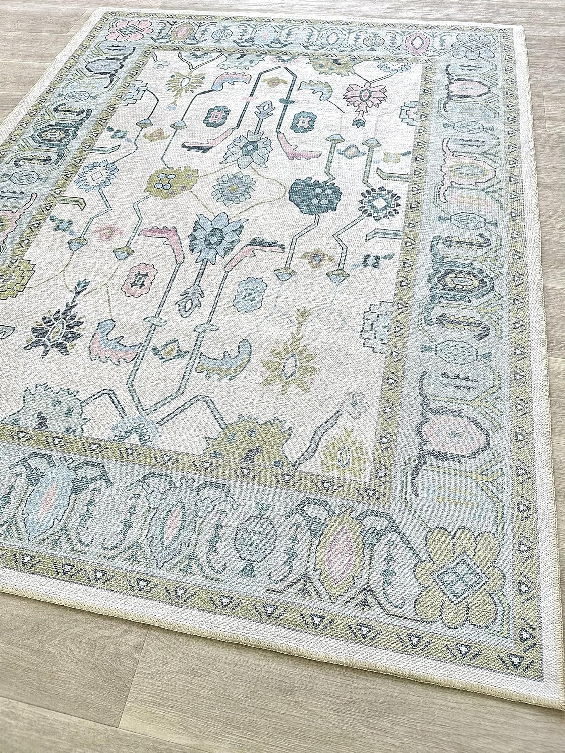 Cream Green Oushak Rug, Modern, Vintage, Turkish, Eclectic, Floral, Pastel, Washable, Area Rugs f... | Amazon (US)