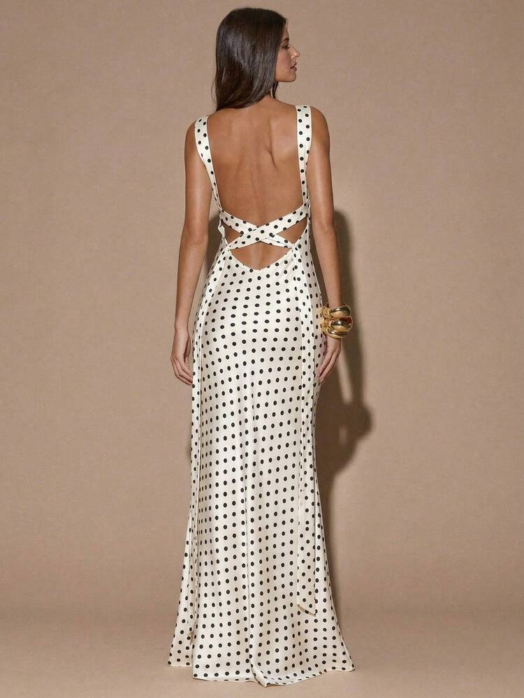 SHEIN BAE Ivory Polka Dot Satin V-Neck Sleeveless Fitted Mermaid Dress, Date, Beach Vacation, Wed... | SHEIN