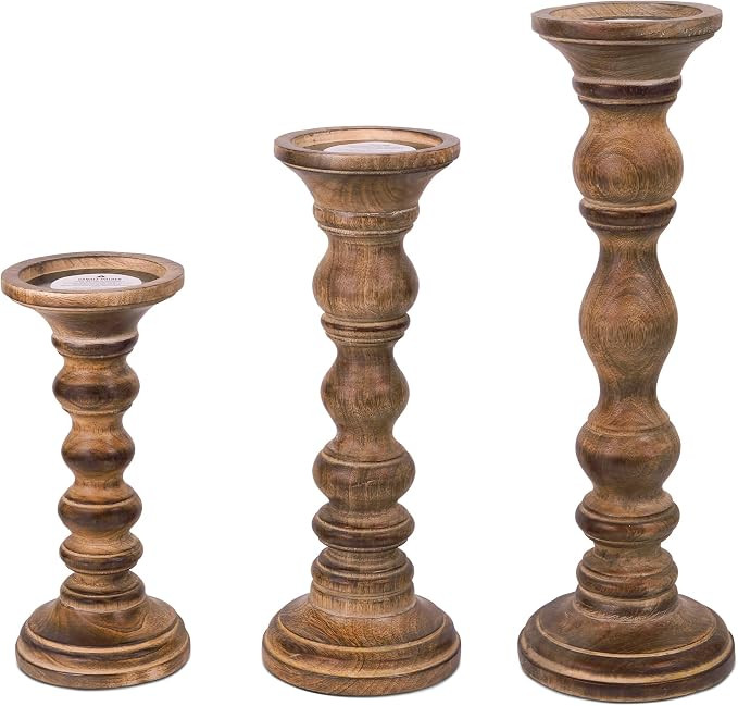 Willow Wooden Pillar Candle Holders, Set of 3, 9 in, 12 in, 15 in, Mango Wood Candle Stands, Farm... | Amazon (US)