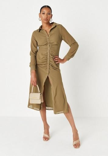 Missguided - Khaki Ruched Front Midi Shirt Dress | Missguided (UK & IE)