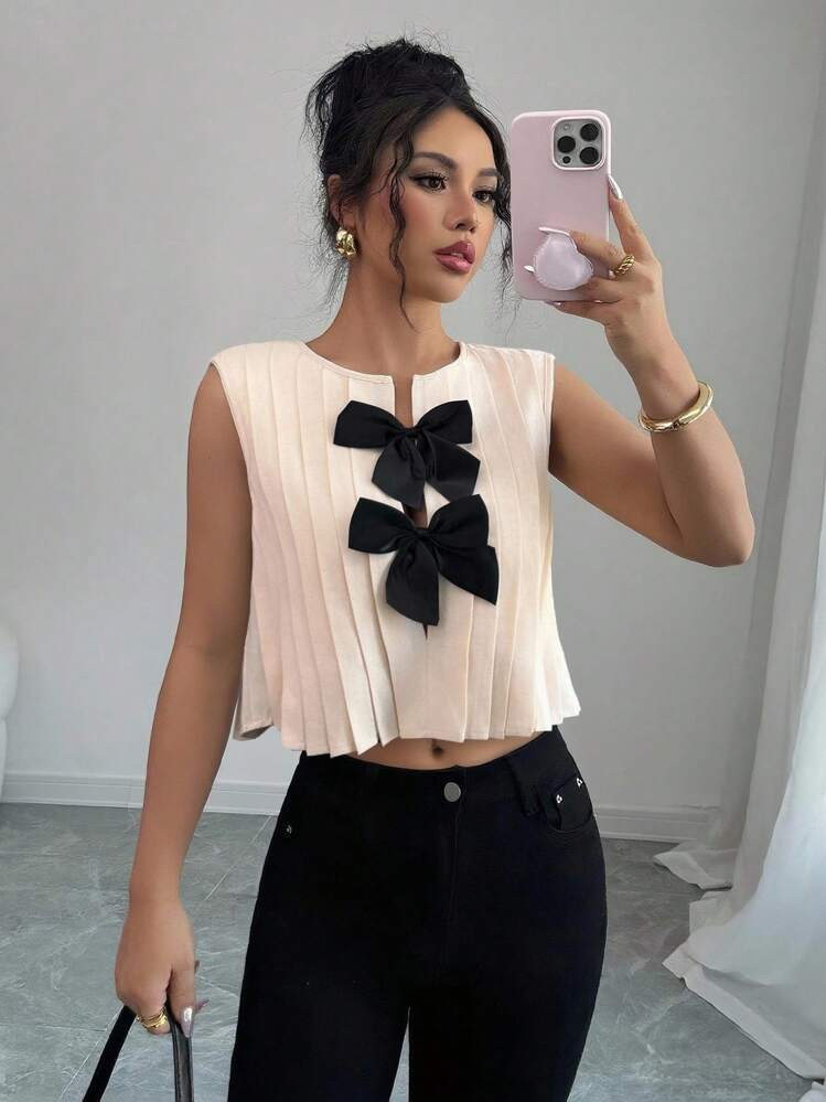 Elenzga Sleeveless Casual Shirt With Bow Decor, Simple And Versatile | SHEIN