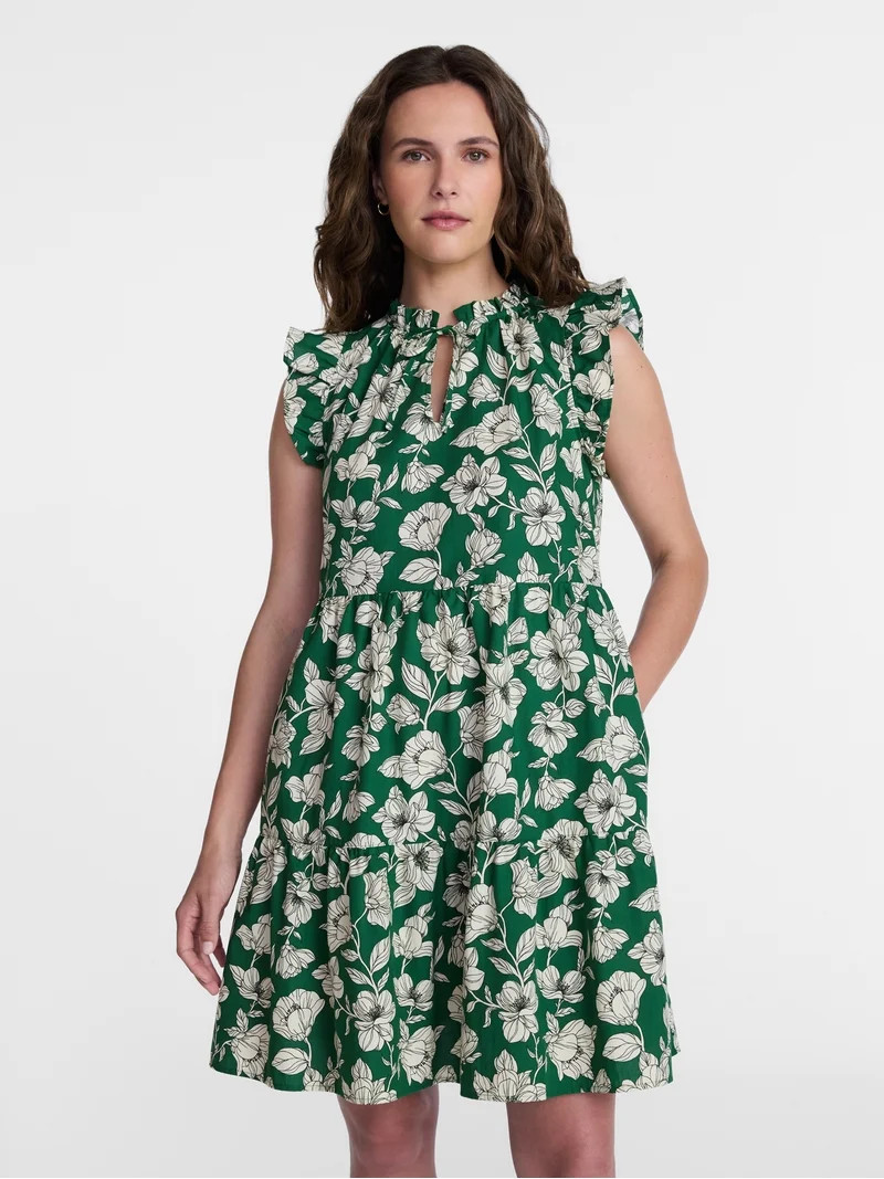 Time and Tru Women's and Women's Plus Tiered Cotton Mini Dress with Flutter Sleeves, Sizes XS-4X | Walmart (US)