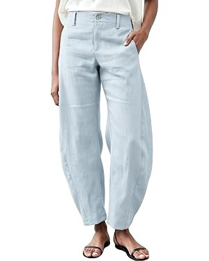 Womens Linen Barrel Pants Baggy Wide Leg Palazzo Trousers Casual Capris Pants with Pockets | Amazon (US)