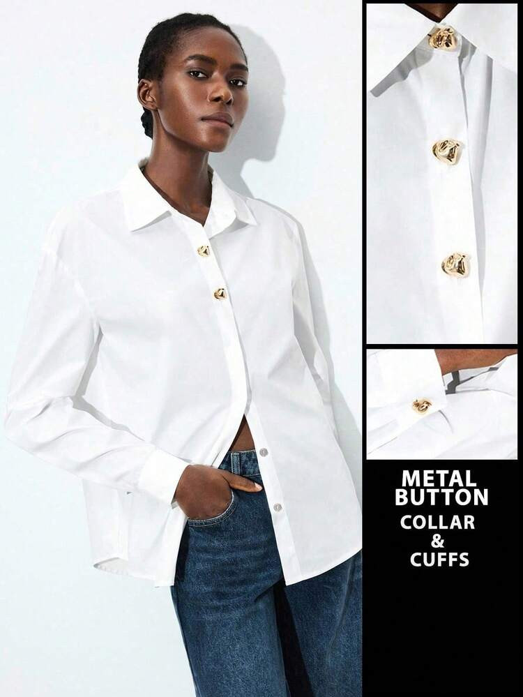 Maija 2025 Modern City Lapel Long Sleeve Metal Decor Button Loose Women Shirt, Suitable For Early Autumn Transition And Back To School Season White Button Down Shirt White Button Up Women White Shirt Blouse White Collared Shirt White Fitted Shirt Women White Shirt, Elegant Women's Blouses White Button Up Shirt,Autumn, Fall Clothes For Women, Autumn Outfits For Women, Winter Clothes, Halloween, Party, | SHEIN