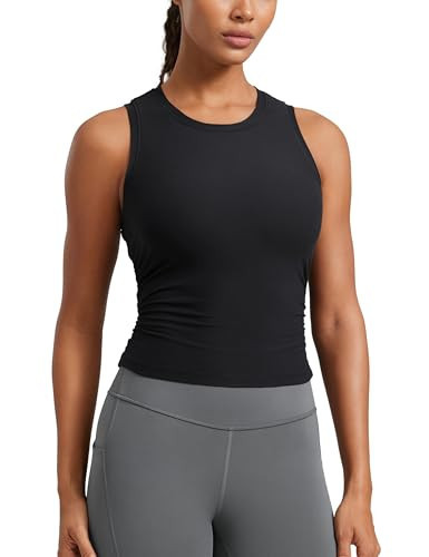 CRZ YOGA Cloudweight Womens Ruched Tank High Neck Workout Fitted Tops Basic Yoga Athletic Sleeveless Shirts Black Small | Amazon (US)