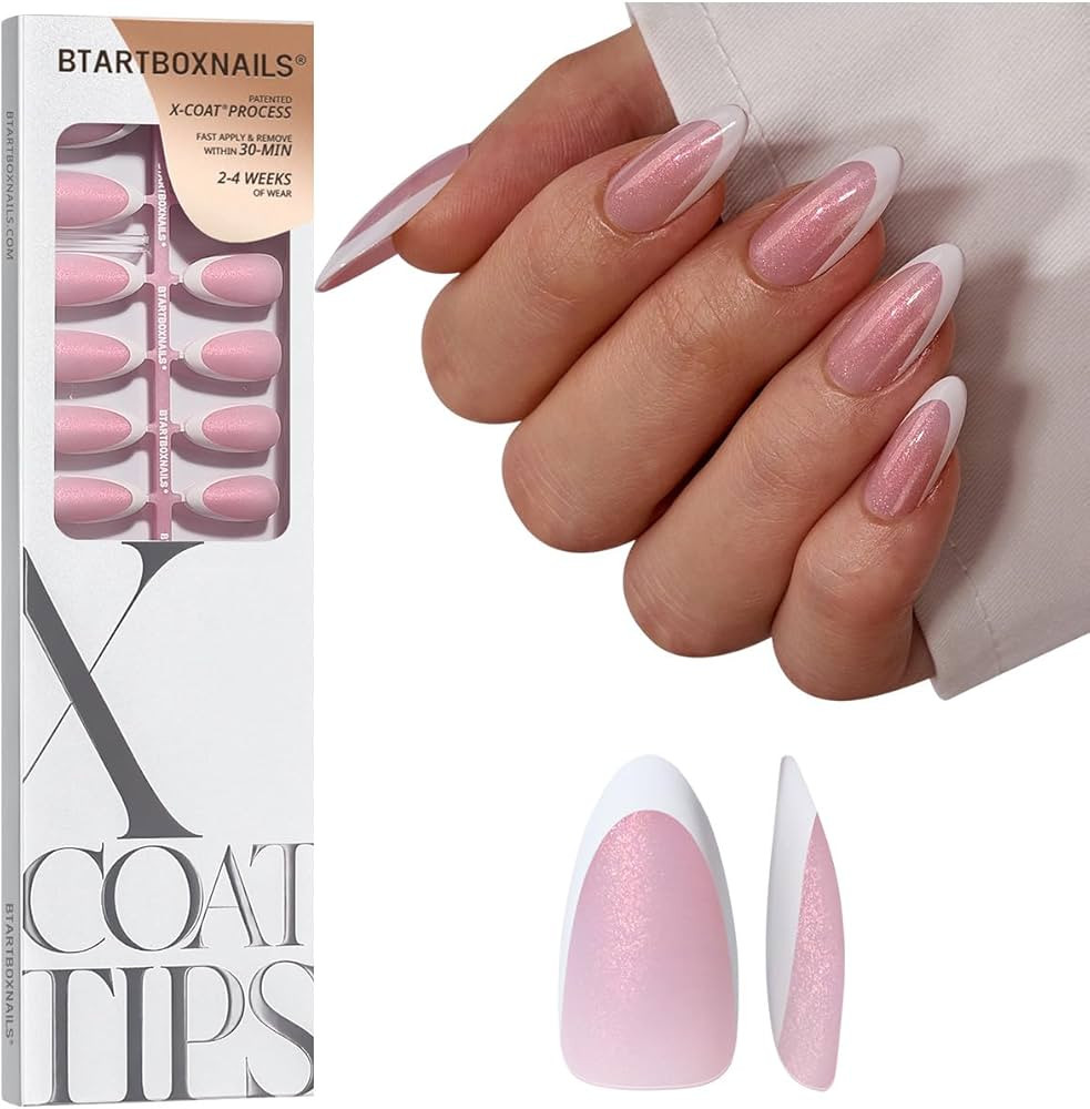 BTArtboxnails XCOATTIPS French Tip Press On Nails - Pink Glitter Base Medium Almond Press On Nail... | Amazon (US)