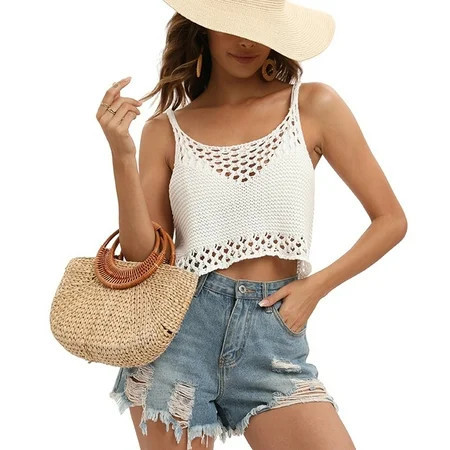 WBQ Crochet Crop Tops for Women Sleeveless Hollow Out Knit Cami Top Scoop Neck Crotchet Cropped Tank Top Summer Beach Cover Ups | Walmart (US)