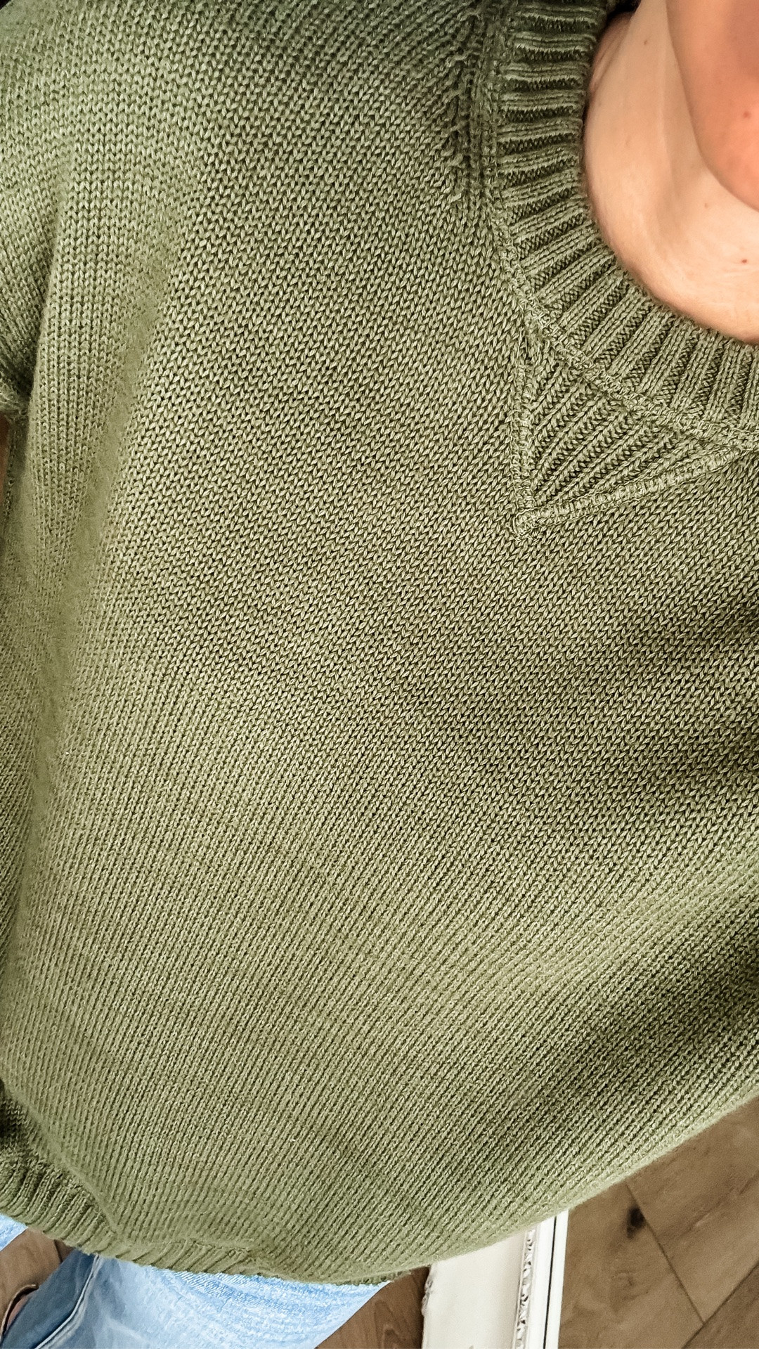 Small green crewneck sweater. 25 jeans

#LTKOver40 #LTKPetite