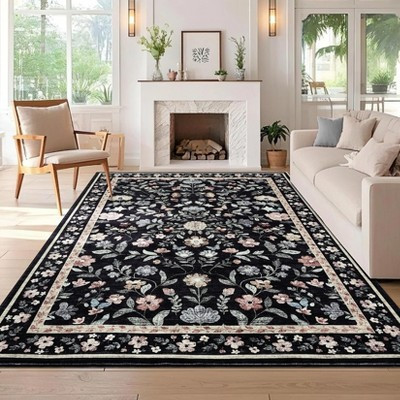 8x10 Washable living room rug, with floral decoration，non-slip backing, stain-resistant,  for dining room, bedroom, children's room, Black | Target