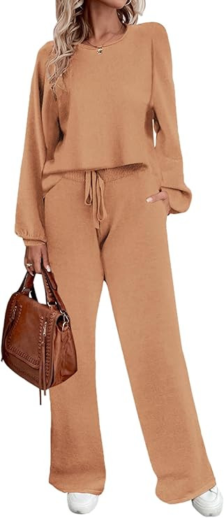 Ekouaer Knit Lounge Sets for Women Pants Sweater Set Crewneck Long Puff Sleeve Pajama Set for Cas... | Amazon (US)