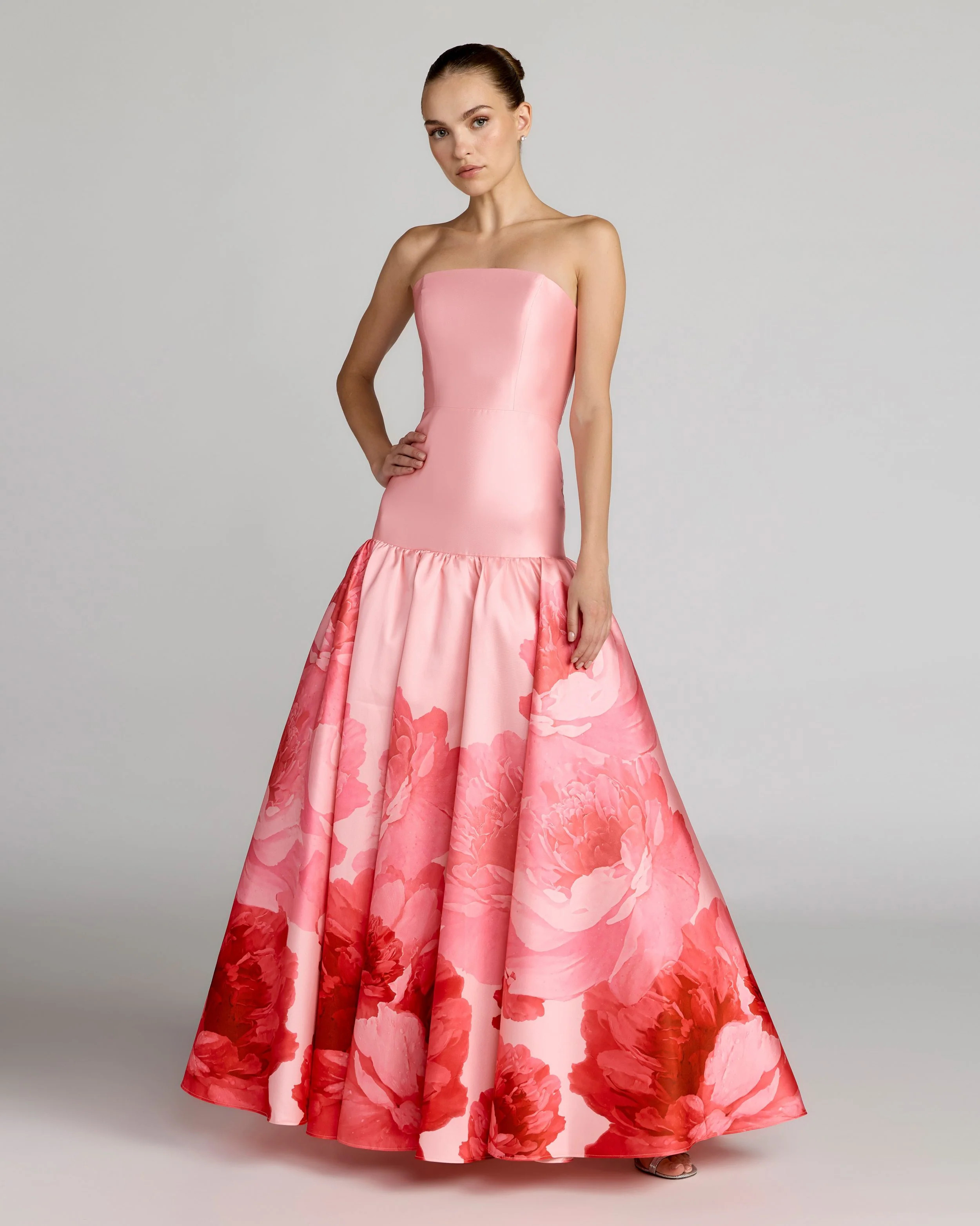 Pink Printed Mikado Strapless Drop Waist Ball Gown | Mac Duggal | Mac Duggal