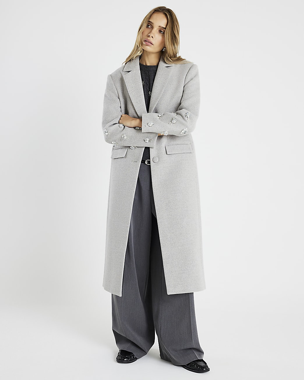 Grey 3D Flower Embellished Coat | River Island UK & IE