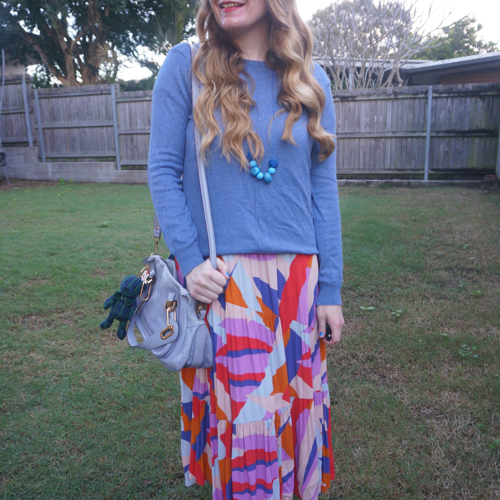 Kmart Anko blue jumper over thrifted Mister Zimi symi print maxi dress with periwinkle blue Chloe Paraty bag 💙

#LTKaustralia #LTKwinter #LTKbag