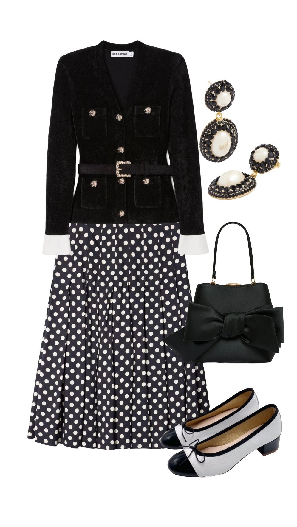 Monochrome  can sometimes look a little severe but this feminine pleated polka dot by Paul Smith is so romantic that there’s no fear of that! Partner with elegant black and white statement styles 🤍🖤🤍

Chenille Black White Jacket - NEW Self Portrait

Black White Polka Dot Pleated Midi Skirt - NEW Paul Smith

Black & Pearl Lace Statement Drop Earrings - Soru Jewellery

Black Satin Bow Bag - NEW at Lulu Guinness

Black White Two Tone Toe Cap Low  Block Heel Ballerinas - Ballerette

#LTKeurope #LTKFashionMonth #LTKbag #LTKshoes #LTKstyletip

#LTKuk #LTKluxury #LTKautumn