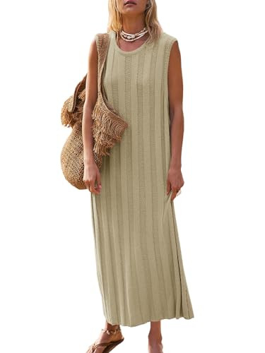 Fisoew Women's Summer Sleeveless Maxi Dress Scoop Neck Ribbed Knit Tank Top Dresses | Amazon (US)