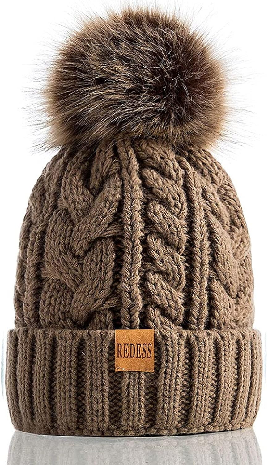 REDESS Women Winter Pompom Beanie Hat with Warm Fleece Lined, Thick Slouchy Snow Knit Skull Ski Cap | Amazon (US)