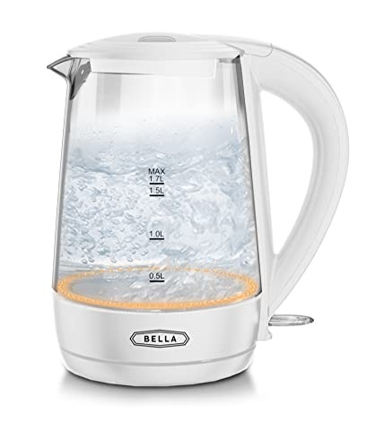 BELLA 1.7 Liter Glass Electric Kettle, Quickly Boil 7 Cups of Water in 6-7 Minutes, Soft Orange LED Lights Illuminate While Boiling, Cordless Portable Water Heater, Carefree Auto Shut-Off, White | Amazon (US)