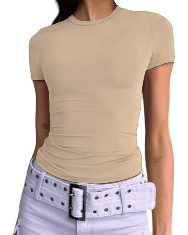 Abardsion Women's Casual Basic Going Out Crop Tops Slim Fit Short Sleeve Crew Neck Tight T Shirts | Amazon (US)