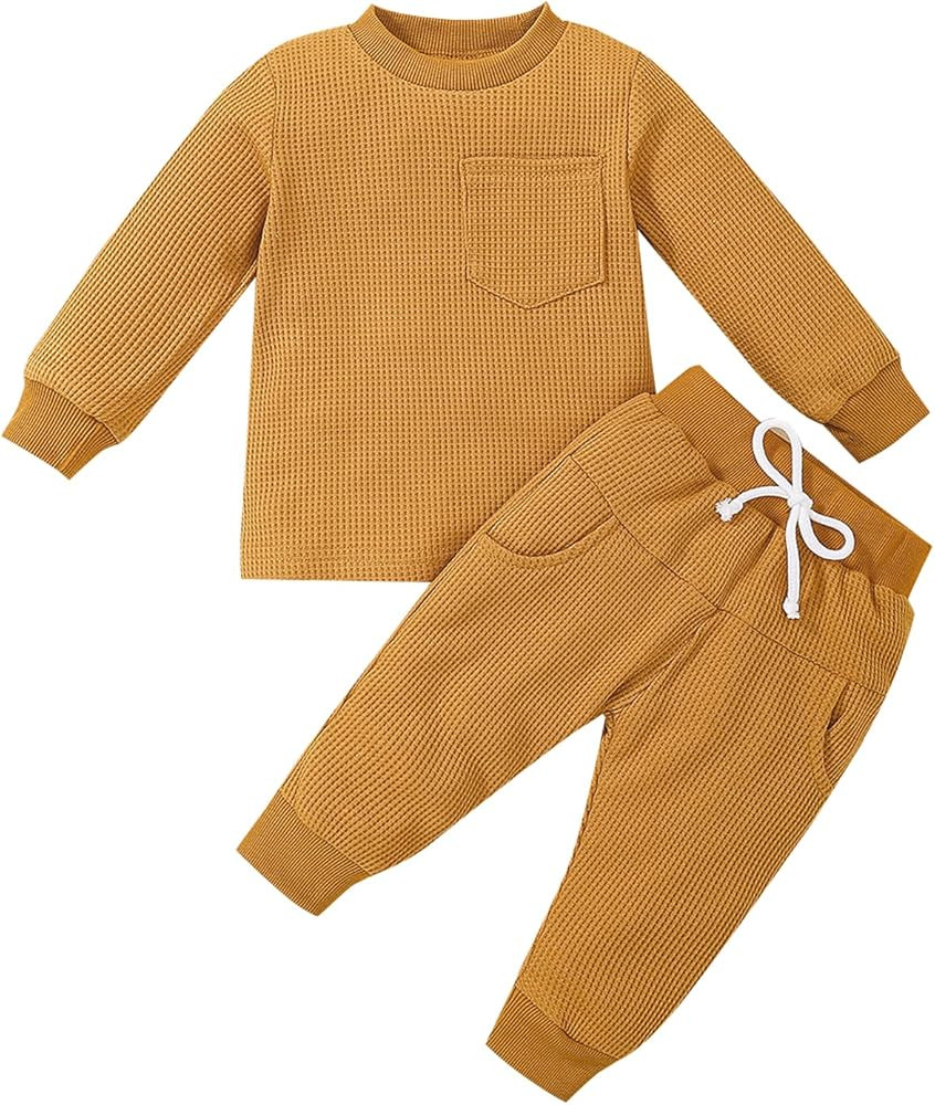 2PCS Summer Toddler Baby Boy Girl Clothes Set Unisex Waffle Solid Short Sleeve Tops Pocket Drawst... | Amazon (US)
