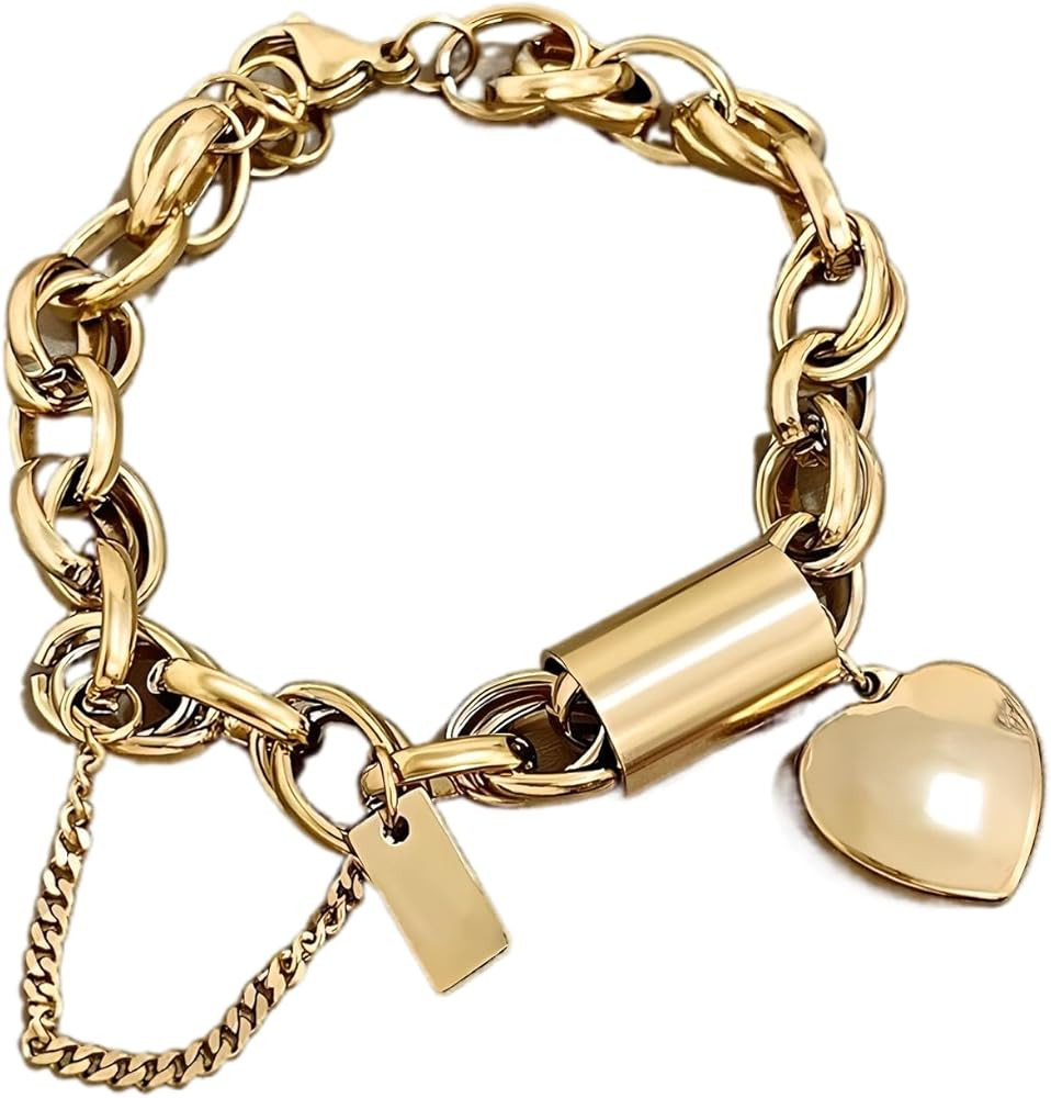 925 Sterling Silver Locking Bracelet With Key For Women, 14K Yellow Gold Thick Chain Bracelets He... | Amazon (US)
