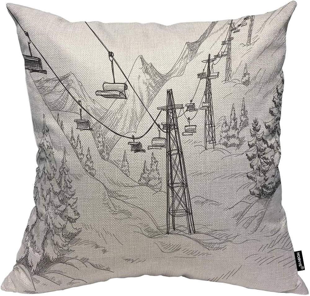 HOSNYE Mountain Ski Lift Cotton Linen Throw Pillow Case Sketch White Wintertime Snow Landscape Re... | Amazon (US)
