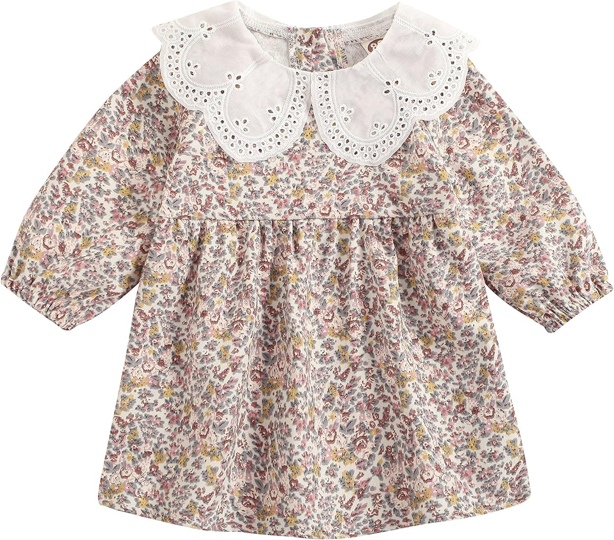 Infant Baby Girls Floral Print Vintage Dress with Peter Pan Collar Lace Trim Long Sleeve Playwear Su | Amazon (US)
