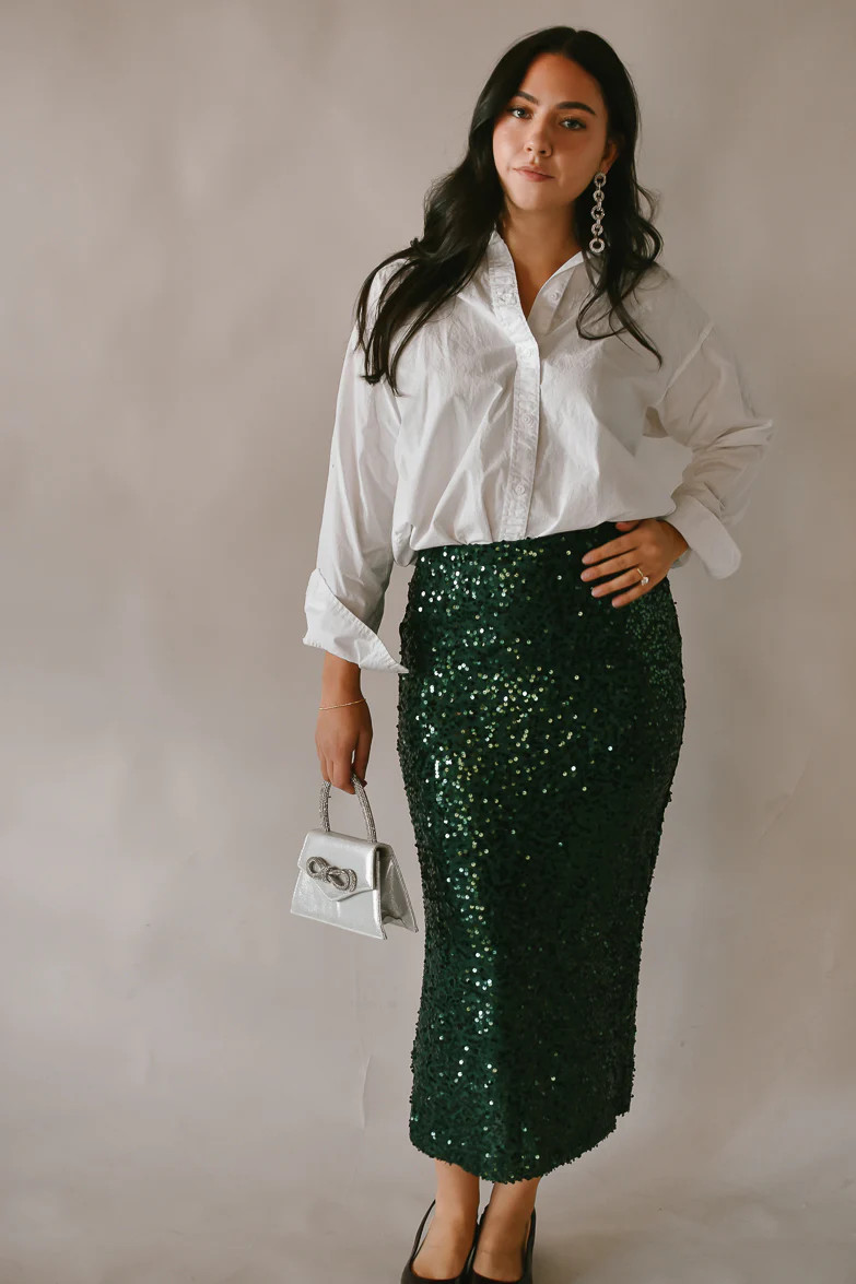 Carys Green Sequin Midi Skirt | Confête