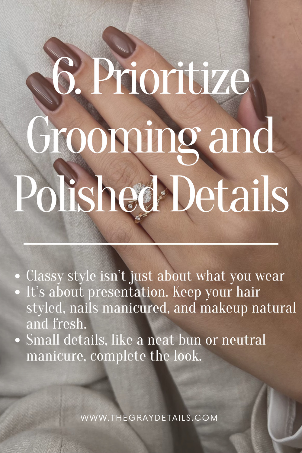 Classy style isn’t just about what you wear. It’s about presentation. Keep your hair styled, nails manicured, and makeup natural and fresh.
Small details, like a neat bun or neutral manicure, complete the look. 

 #LTKSeasonal #LTKStyleTip #LTKBeauty