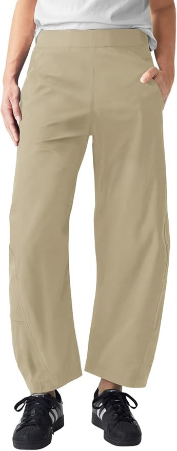 Womens Elastic Waist Ankle Pants Baggy Curved Tapered Leg Barrel Travel Pants with Pockets | Amazon (US)
