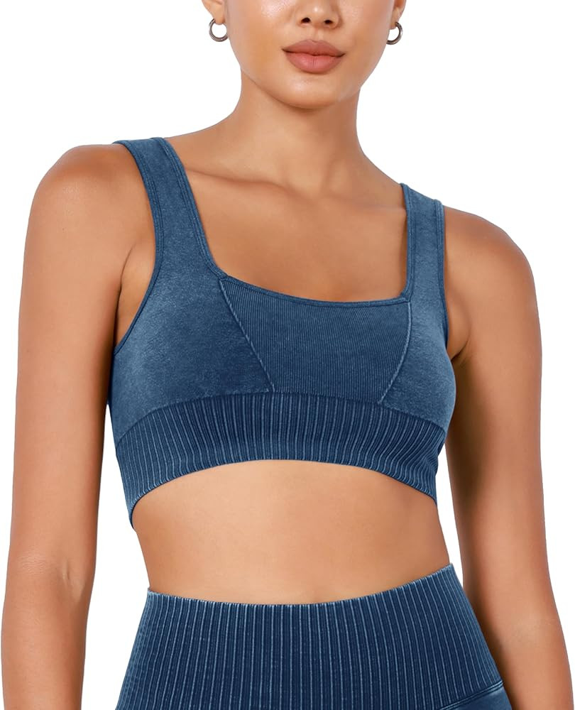 ODODOS Seamless Square Neck Sports Bra for Women Ribbed Crop Tank Casual Low Back Cropped Tops | Amazon (US)