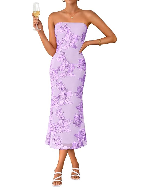 ZESICA Women's Summer Strapless Floral Midi Dress 2026 Bodycon Mesh Tube Wedding Guest Cocktail P... | Amazon (US)