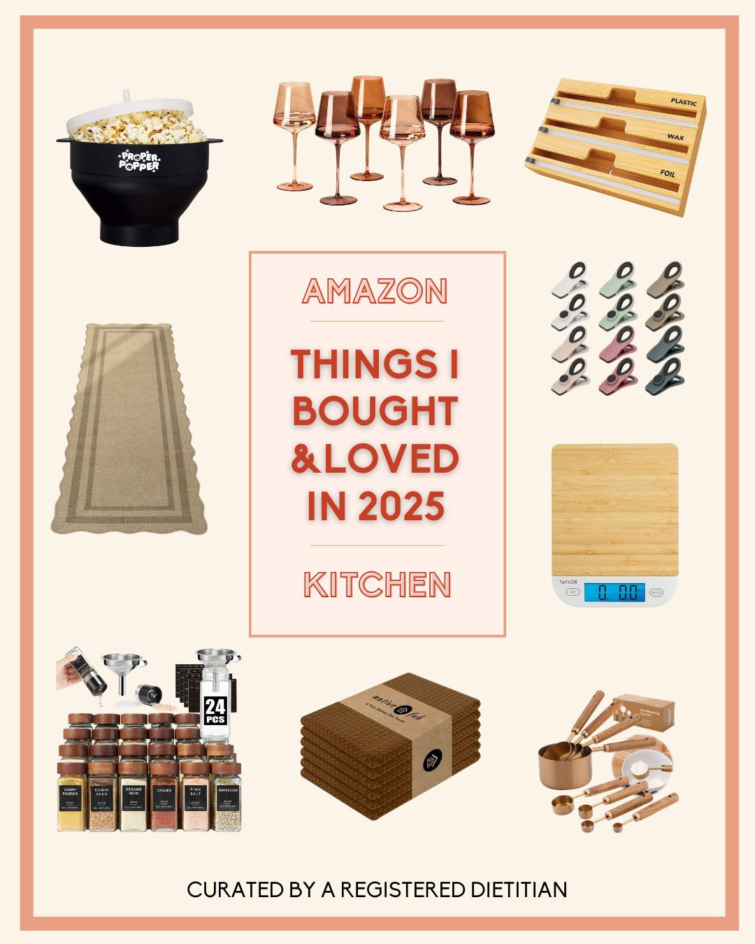 More Amazon kitchen finds from 2025.
Wine glasses, a food scale, spice jars, kitchen towels, measuring cups and a great runner for by the sink 

 #LTKHome #LTKFindsUnder50