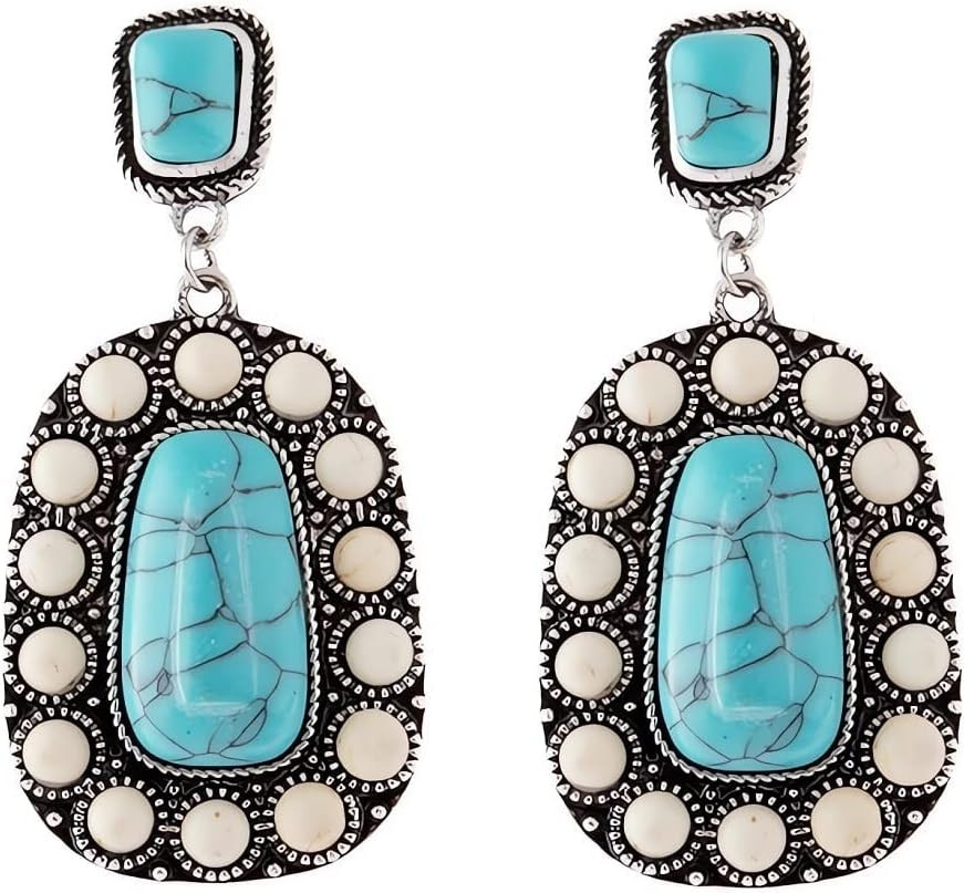 Western Earrings Boho Turquoise Oval Drop Dangle Earrings for Women Beaded Western Flower Teardrop Earrings Vintage Ethnic Alloy Pendant Jewelry Gift | Amazon (US)