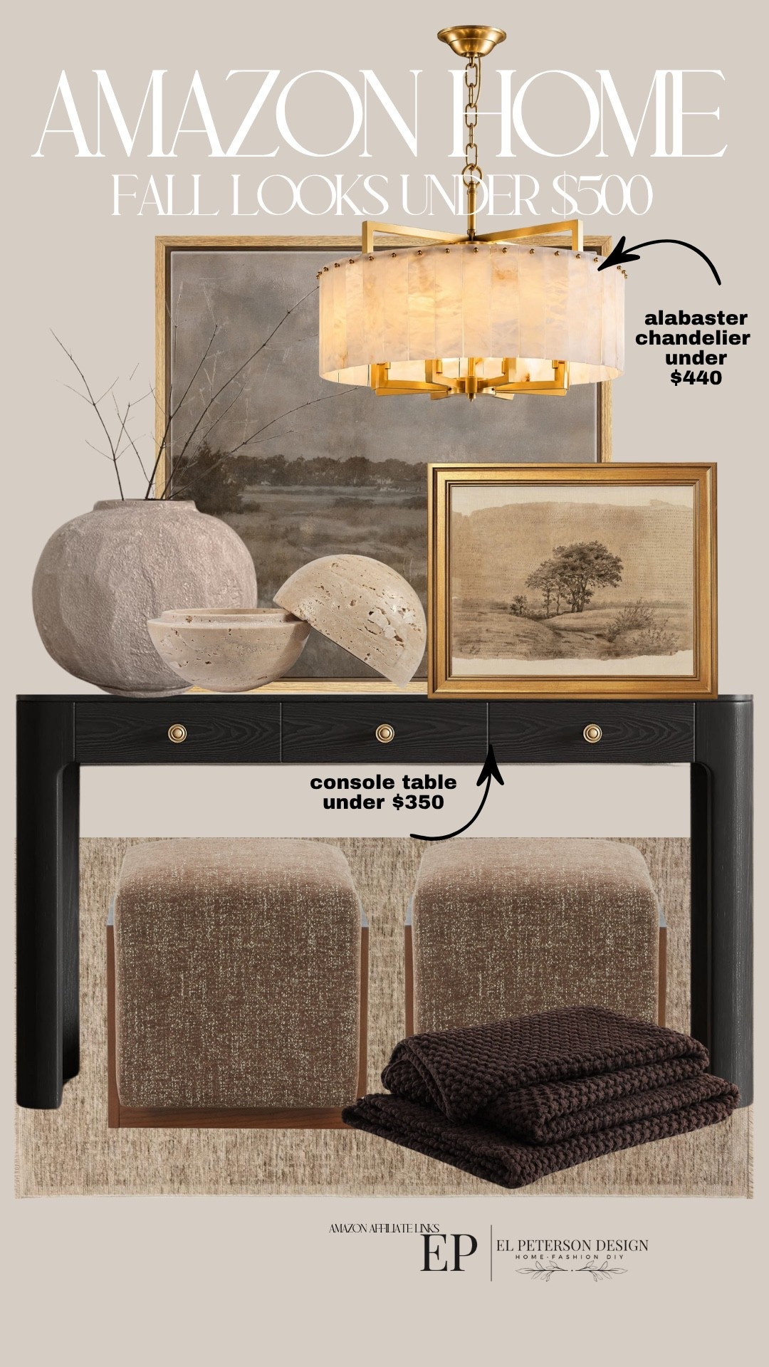 Amazon
Console table
Vase
Artwork
Ottoman
Blanket
Pendant light 
Candle

#LTKHome