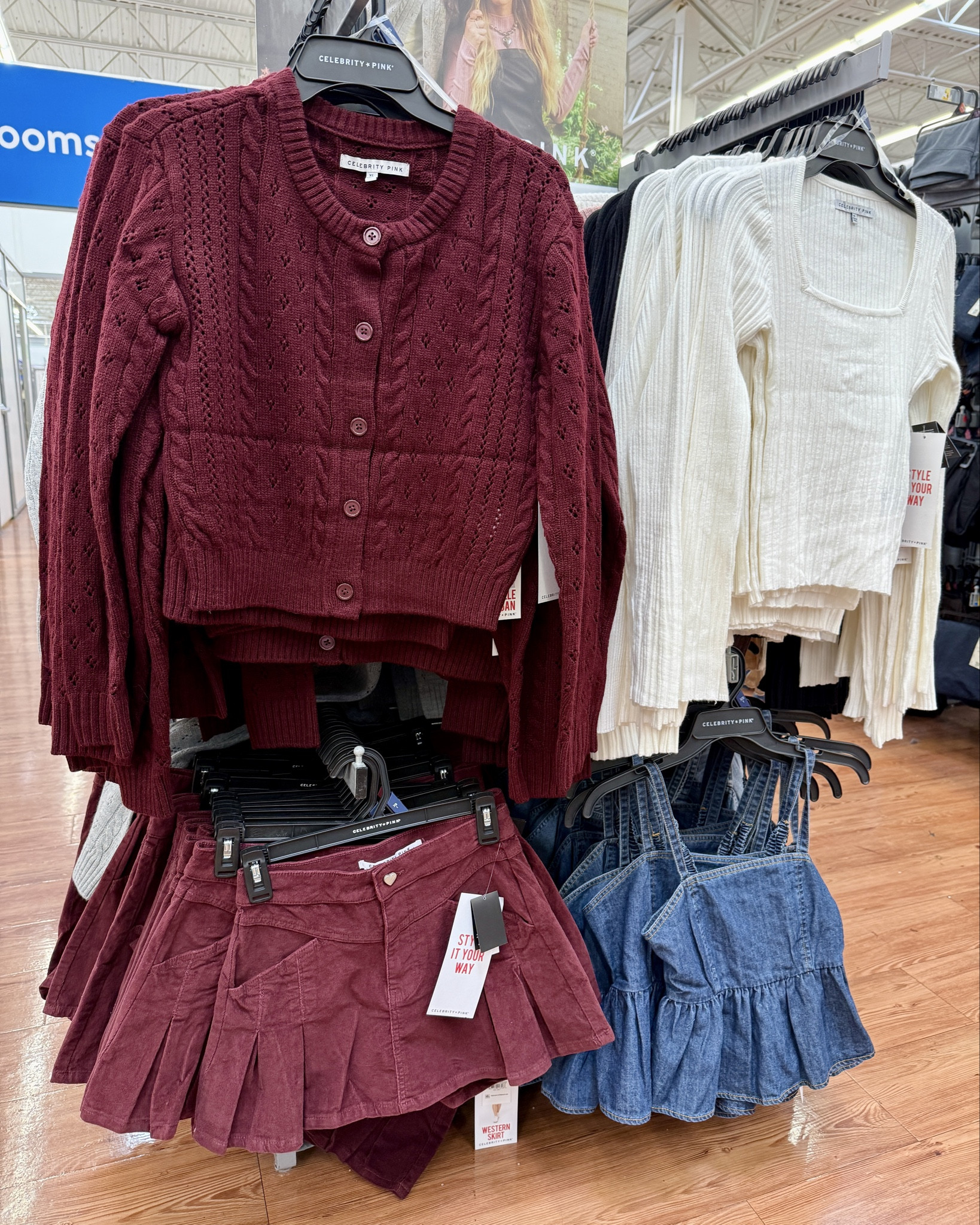 walmart finds celebrity pink fall outfits winter outfits cropped cardigan cable knit sweater ribbed top square neck top corduroy skirt pleated skirt denim mini dress holiday style neutral outfit burgundy outfit cream top trendy outfits affordable style everyday style wardrobe staples

