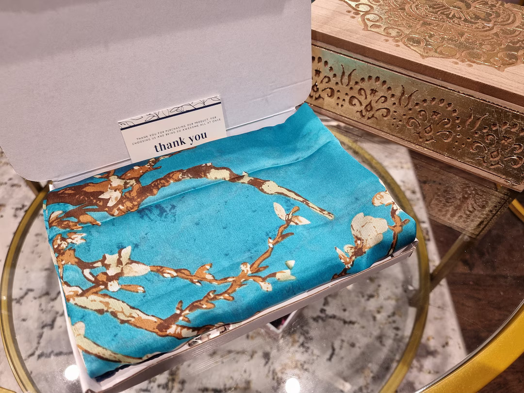 SALE Van Gogh Turquoise Pink Teal Almond Blossom Scarf Silk Elegant Designer Pink Purple and Crea... | Etsy (UK)