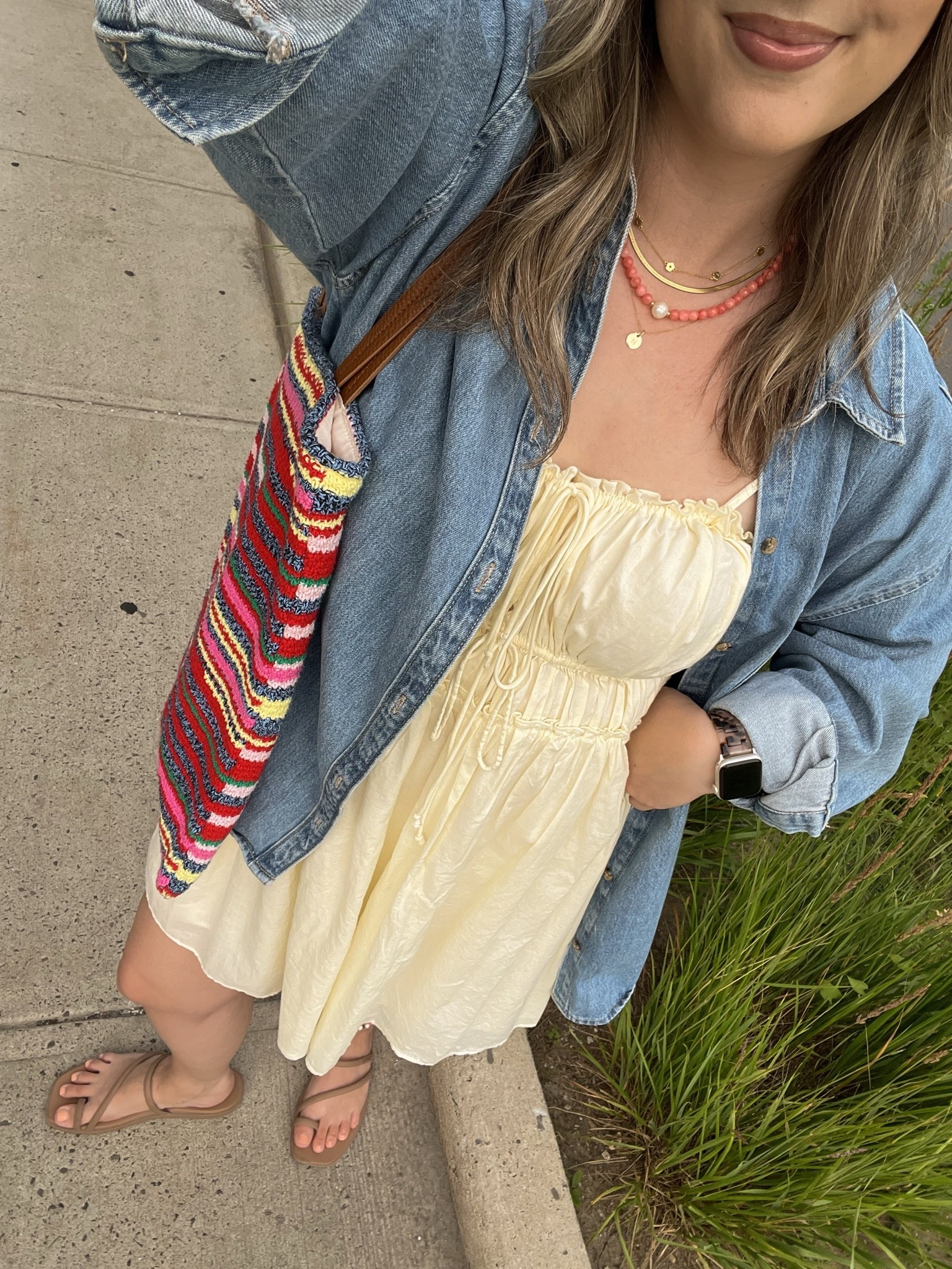 Easy summer outfit! My butter yellow dress is old from aerie, but I linked a super similar option! Wearing my usual size L in the denim shirt. Crocs sandals are super comfy, I’m a 9.5-10 shoe and wear a 10. Canadian shirt, sandals, and bag links are under “similar products”

#LTKsummer #LTKdresses #LTKmidsize